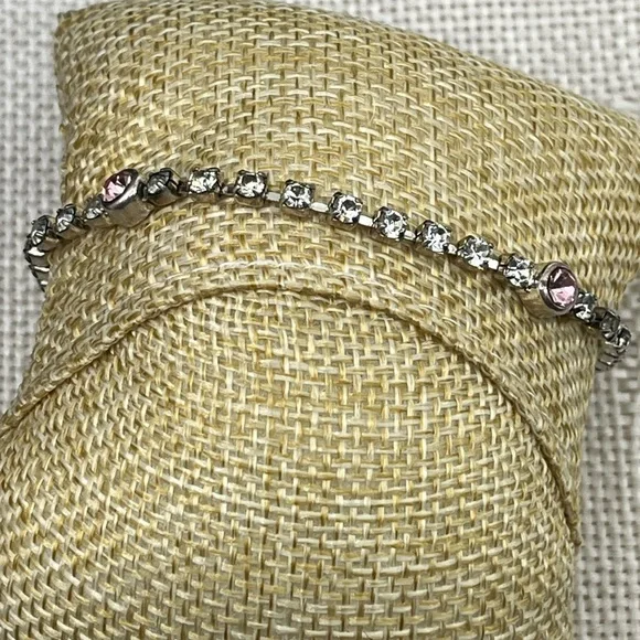 Vintage Pink & White Rhinestone Silver-Tone Bracelet - 7.5" - Picture 4 of 13